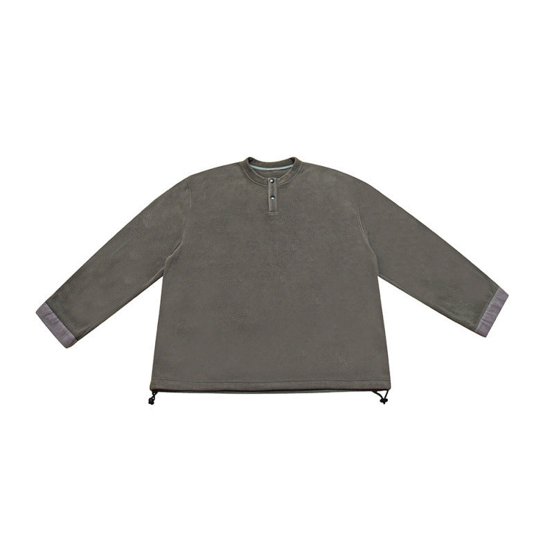 [Unisex] Oversize-Fleece-Henley-Pullover mit halber Knopfleiste, Kordelzugsaum und umgeschlagenen Ärmeln Shop Nory