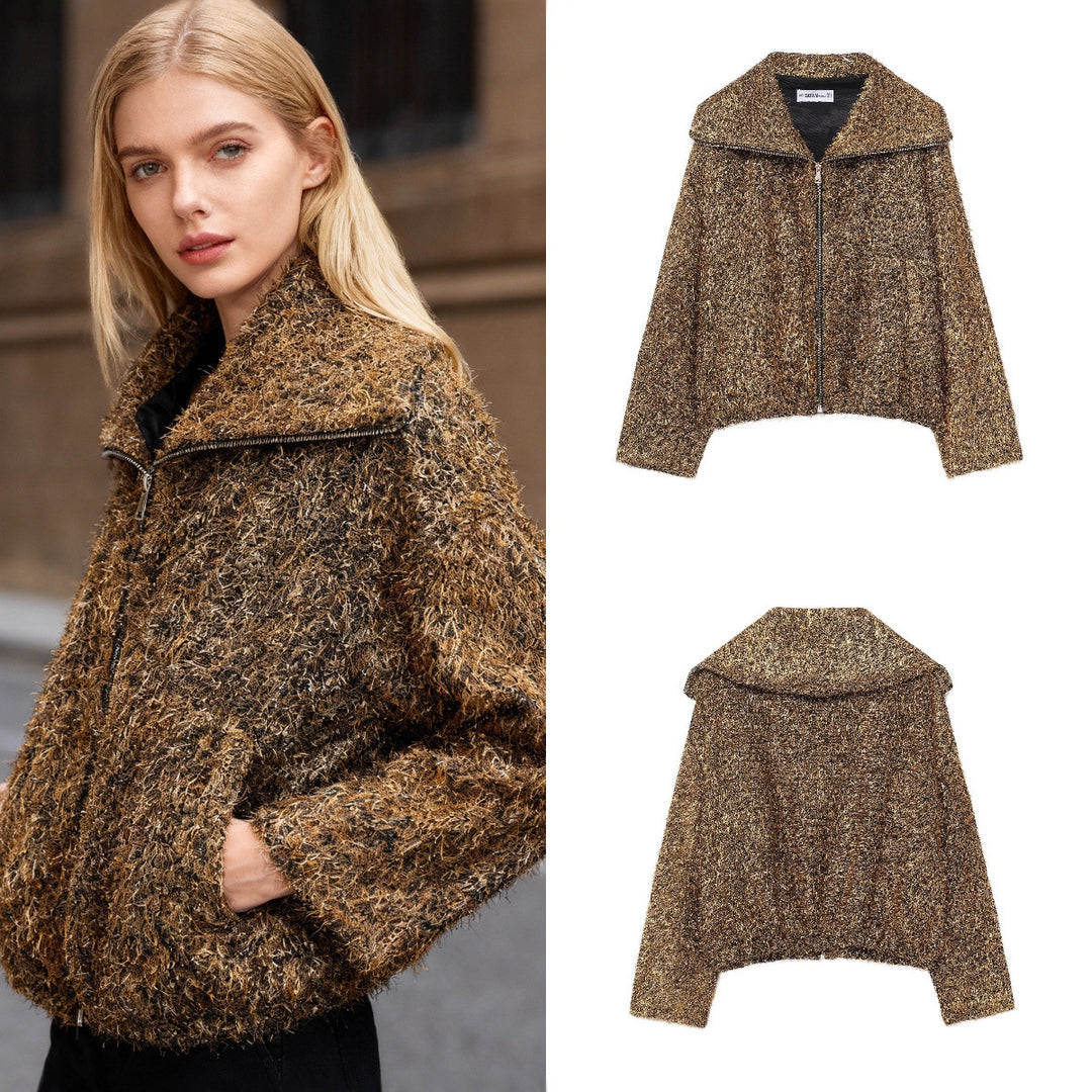 Damen Glitzernde Bouclé-Zipjacke mit weitem Kragen und cropped Boxy‑Schnitt Shop Nory