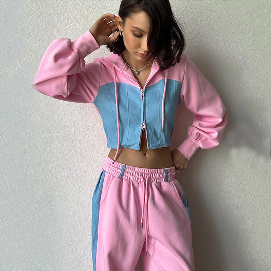 Damen zweifarbiger Cropped-Zip-Hoodie mit Tunnelzug und weiter High-Waist Palazzo-Jogginghose Shop Nory