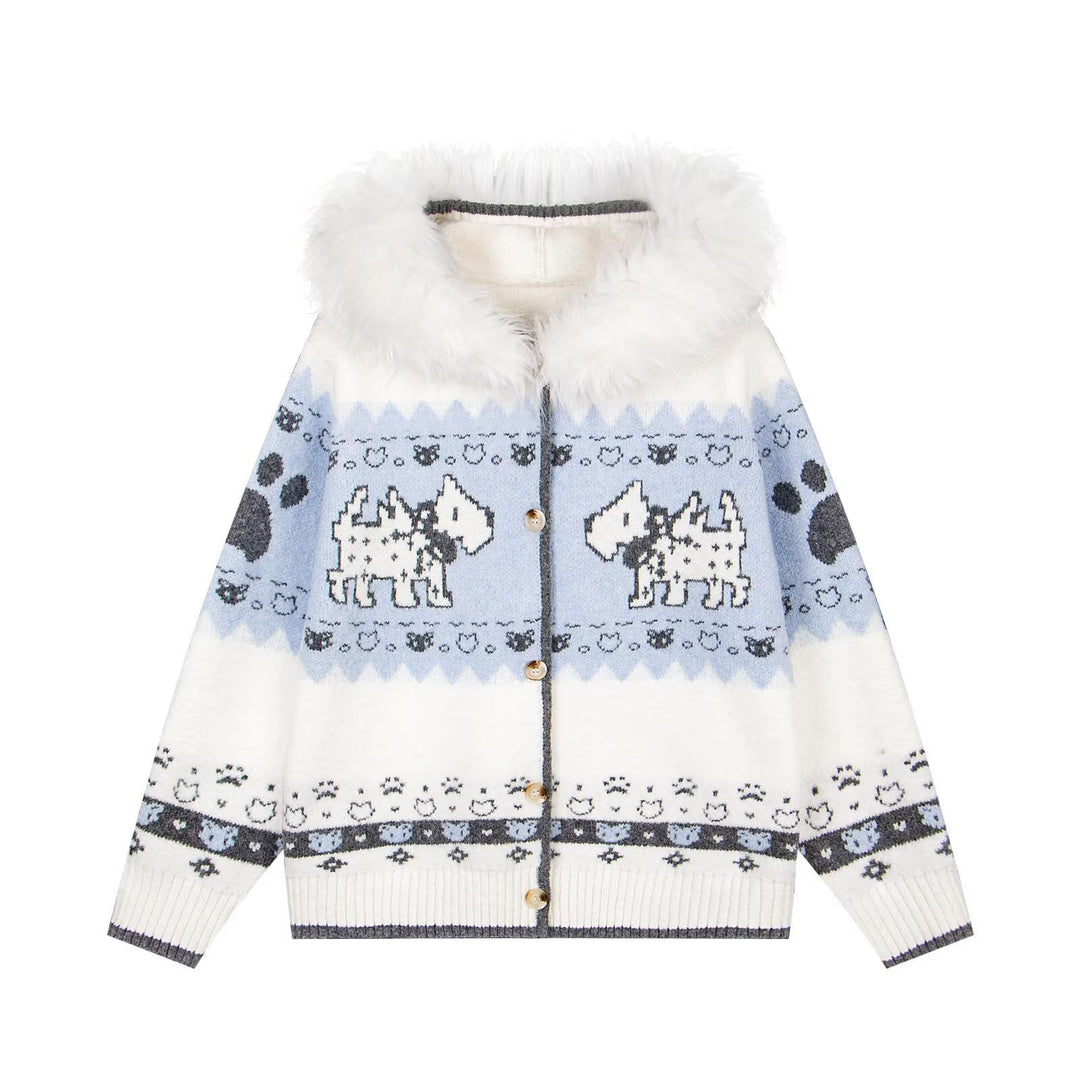 Damen Gemütliche Strickjacke mit Tiermuster und Pelzkragen Shop Nory