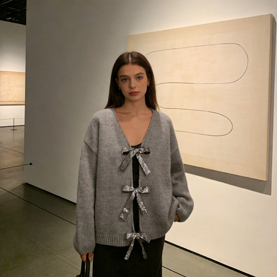 Damen Grobstrick‑Cardigan mit Pailletten‑Schleifen und V‑Ausschnitt Shop Nory