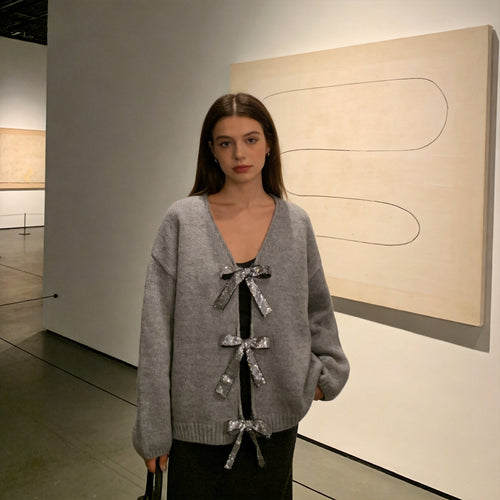 Damen Grobstrick‑Cardigan mit Pailletten‑Schleifen und V‑Ausschnitt Shop Nory
