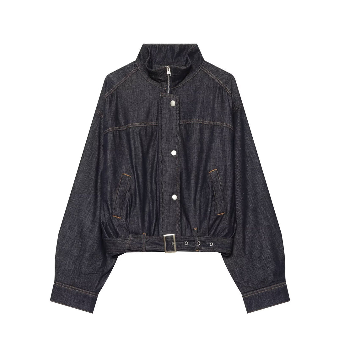 Damen Cropped Jeansjacke mit Taillengürtel, Stehkragen und Ballonärmeln Shop Nory