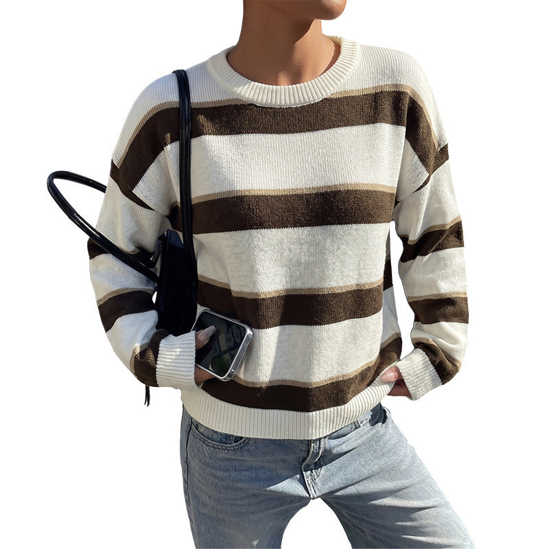 Damen Oversize-Strickpullover mit breiten Blockstreifen und Rundhalsausschnitt Shop Nory