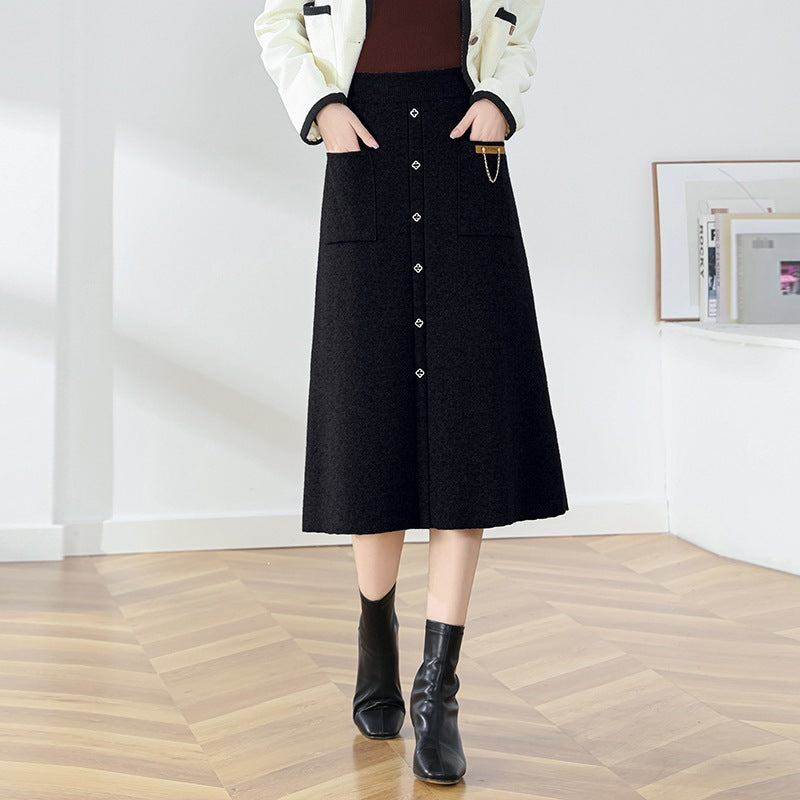 Damen Eleganter, gefütterter Knopf-Midirock Shop Nory