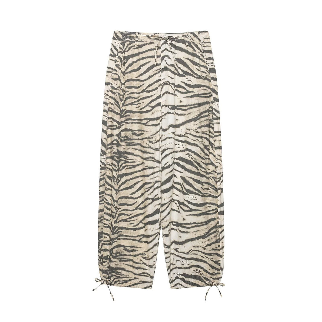 Damen Weite Palazzohose mit Tunnelzugbund, Kordelzügen und animalischem Print Shop Nory
