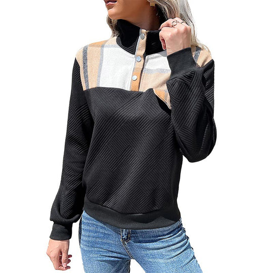 Damen Stepp-Sweatshirt mit Karodetail, Knopfblende und geripptem Bund Shop Nory