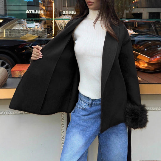 Damen Kurzmantel mit Kunstpelz-Bündchen, Schalkragen und Wickelgürtel Shop Nory