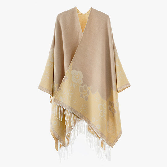 Damen Überwurfponcho im Kimono‑Stil aus Jacquardstrick mit floralem Bordürenmotiv und Fransensaum Shop Nory