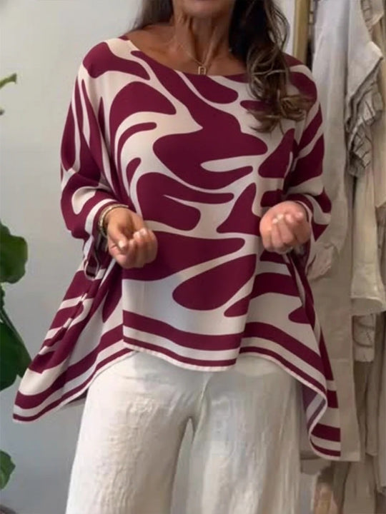 Damen Oversize Sommerbluse mit abstraktem Print, Fledermausärmeln und asymmetrischem Saum Shop Nory