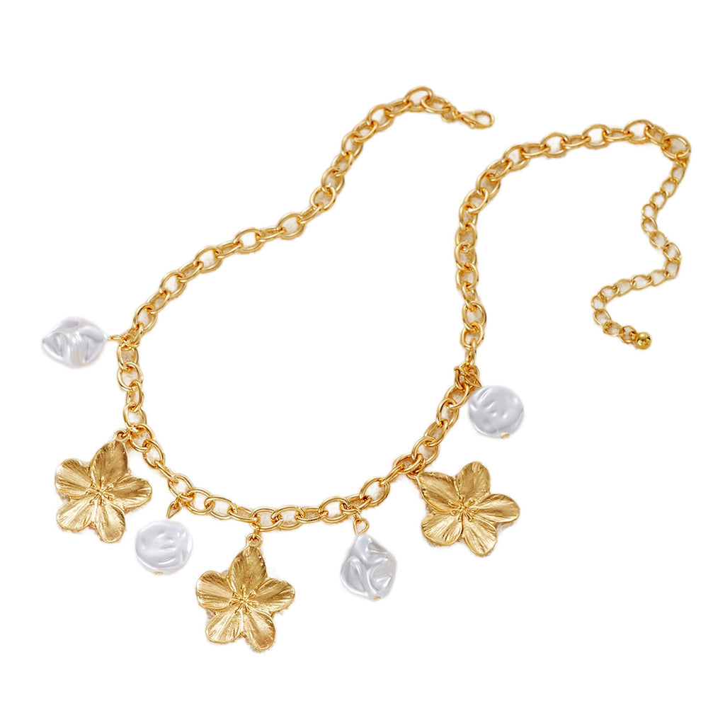 Damen Halskette mit floralen Anhängern und Perlen Shop Nory