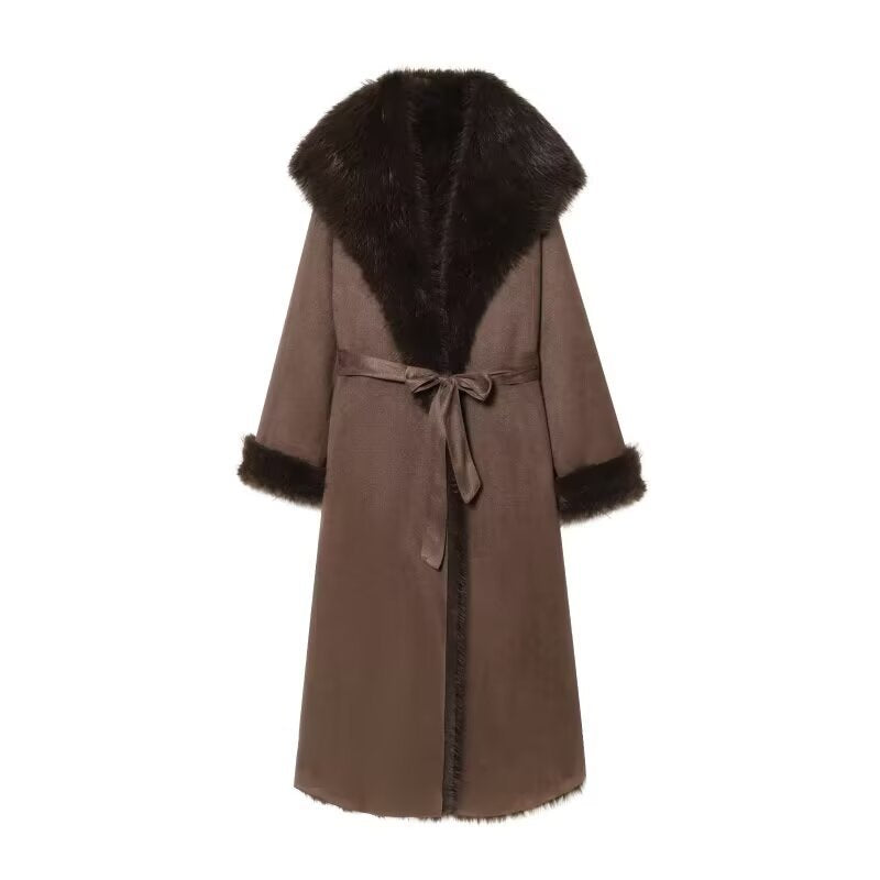 Damen Langer Lammfellimitat-Mantel mit Kapuze, Bindegürtel und Faux‑Fur‑Besatz Shop Nory
