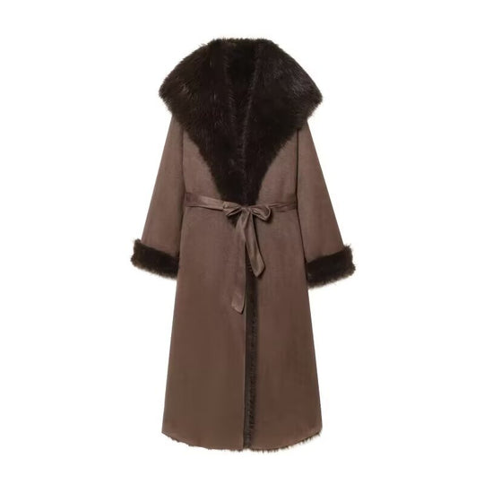 Damen Langer Lammfellimitat-Mantel mit Kapuze, Bindegürtel und Faux‑Fur‑Besatz Shop Nory