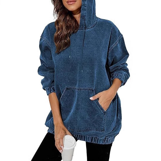 Damen Oversize Kapuzenpullover aus verwaschenem Jeansstoff mit Kängurutasche Shop Nory