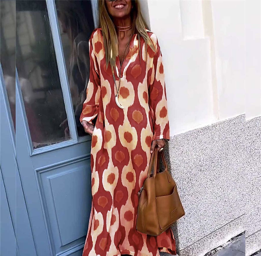 Damen Langes Boho-Maxikleid mit V-Ausschnitt, lockerem Schnitt und auffälligem Allover-Print Shop Nory