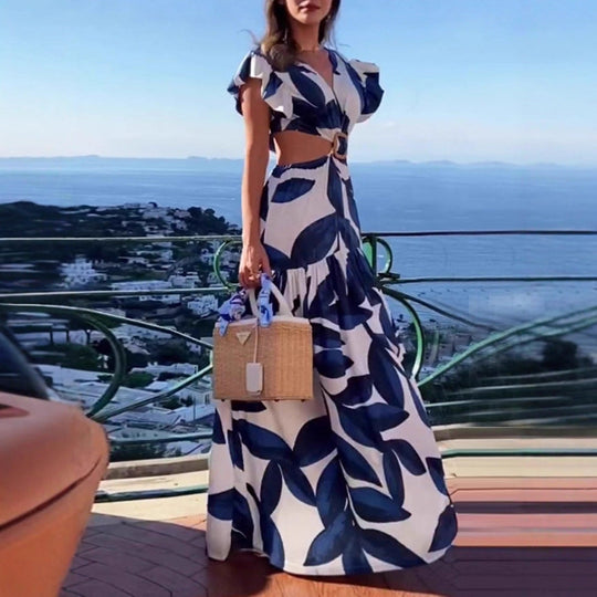 Damen Maxi-Kleid mit raffinierten Cut-Out-Details und voluminösen Rüschen Shopnory
