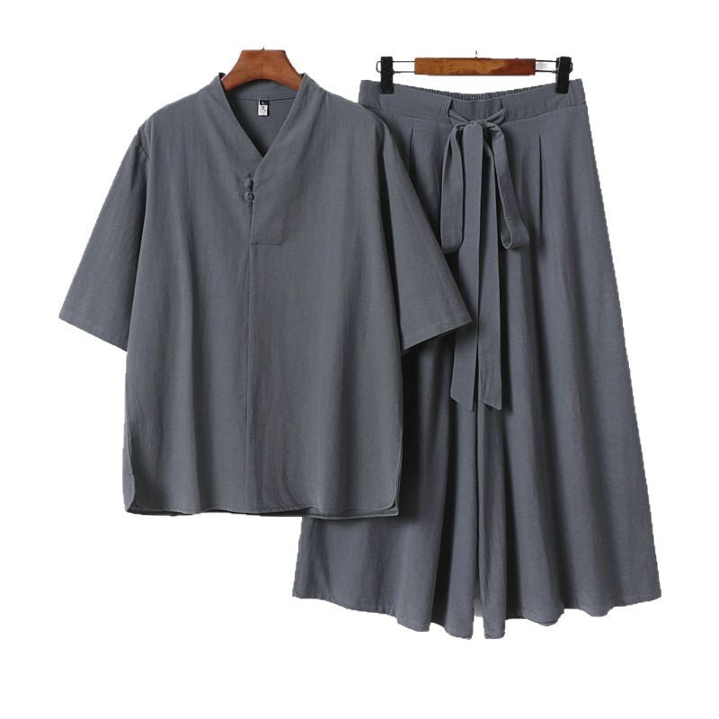 Unisex Zweiteiliges Kimono-Lounge-Set mit Stehkragen Kurzarmtop und weiter Bindbundhose Shop Nory