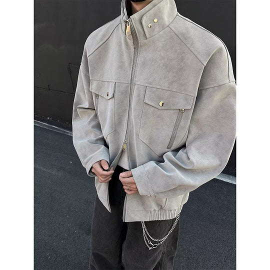 Herren Oversized Wildleder-Optik Utility-Jacke mit hohem Stehkragen Shop Nory
