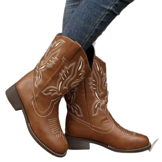 Damen Western-Cowboystiefel mit spitzer Kappe, gesticktem Schaft und mittlerem Blockabsatz Shop Nory
