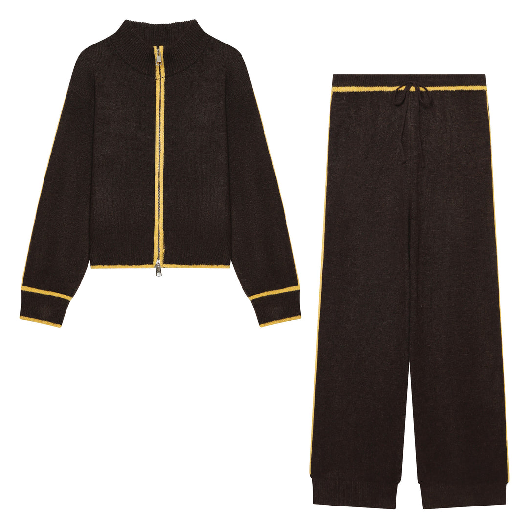 Damen Kuschel-Strickset mit Reißverschluss-Cardigan, Stehkragen und weiter Strickhose Shop Nory