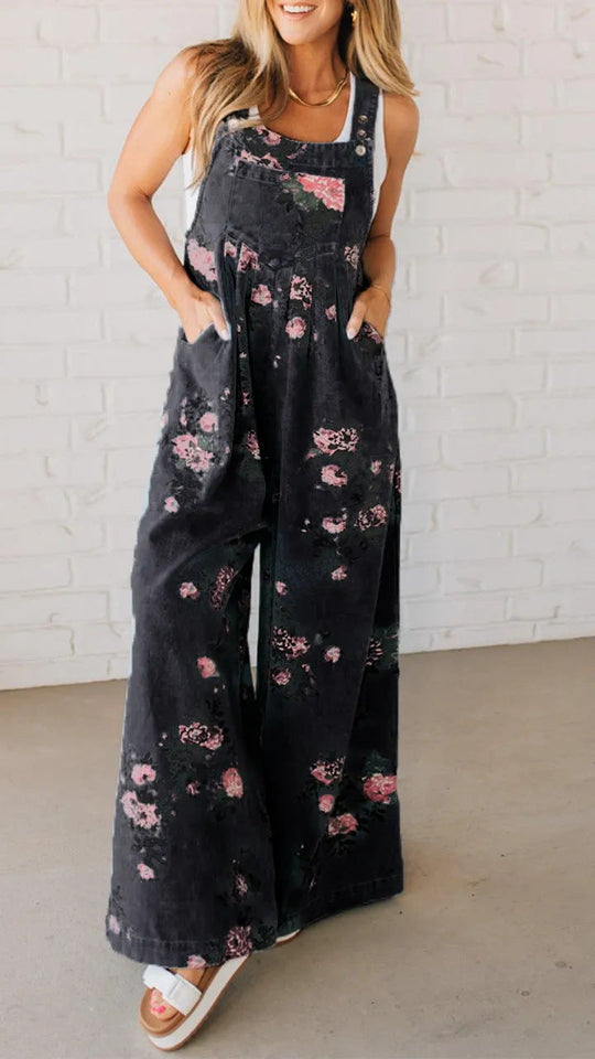 Damen Lässiger Denim-Hosenanzug mit floralem Print und weiten Beinen