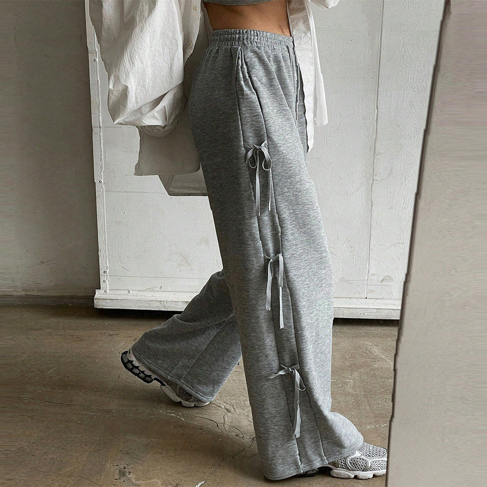 Damen lockere Wide‑Leg Loungehose mit elastischem Bund, Kordelzug und seitlichen Zierschleifen Shop Nory