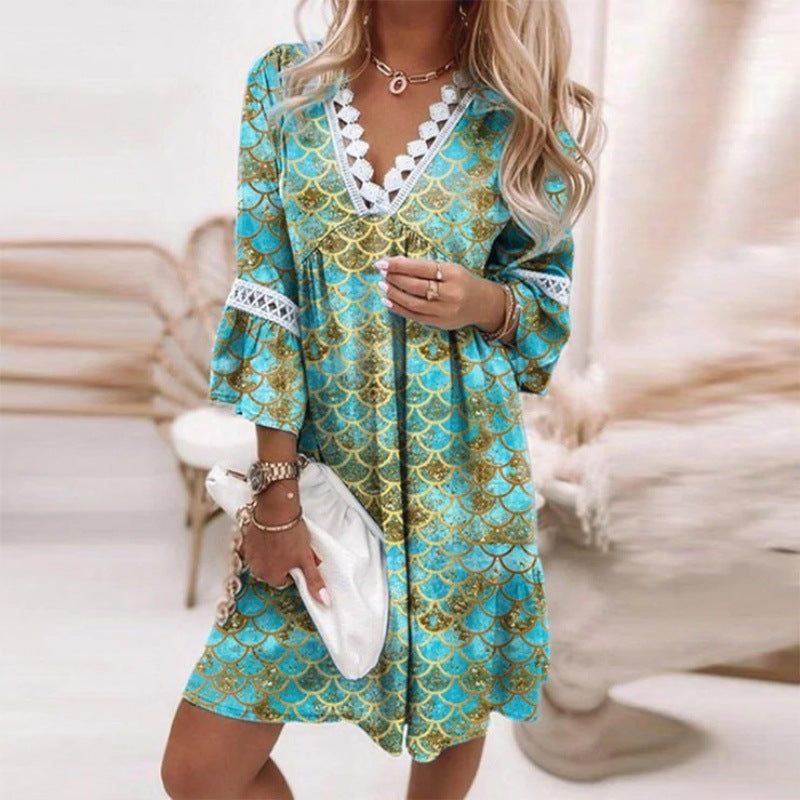 Damen Blumiges Tunika-Kleid mit Spitzenakzenten