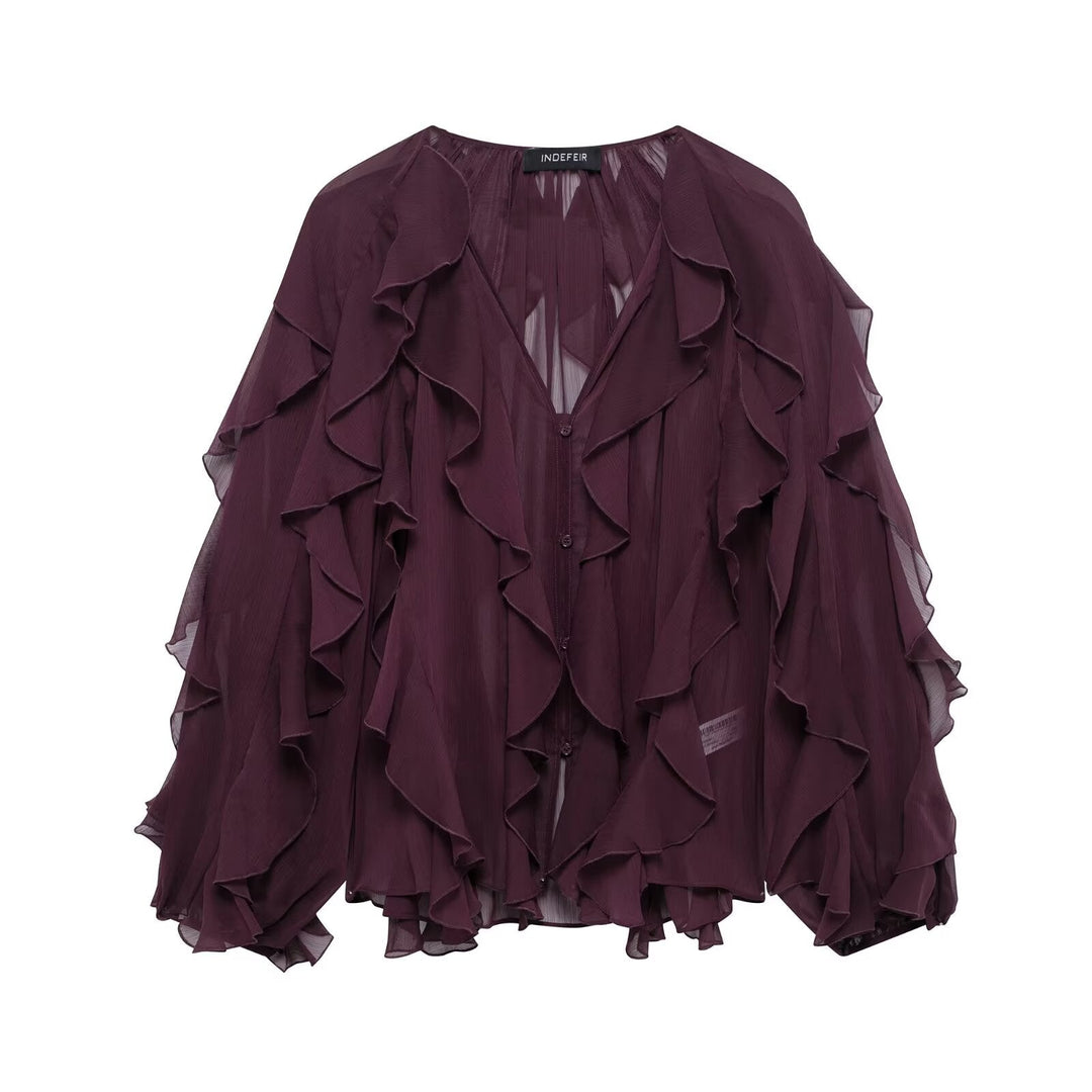 Damen nan feminine Chiffon-Volantbluse mit Ballonärmeln und V-Ausschnitt
