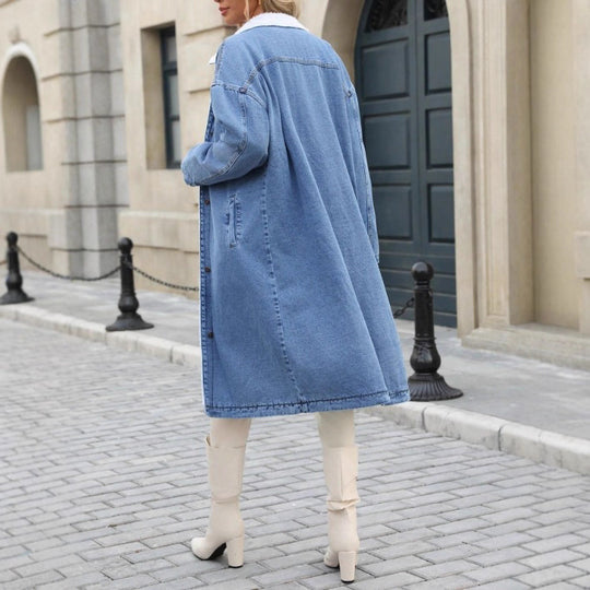 Damen Longline-Denim-Mantel mit Teddykragen Shop Nory