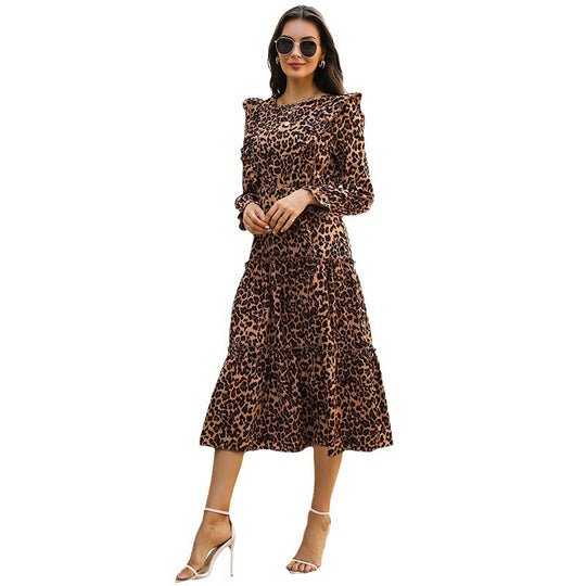 Damen Stufen-Midikleid mit Volantrock, Leo‑Print und elastischen Ärmelabschlüssen Shop Nory