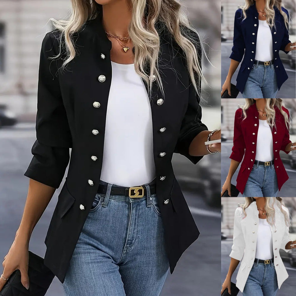 Damen nan taillierter Longblazer mit Stehkragen, dekorativer Metallknopfleiste und 3/4-Ärmeln Shop Nory