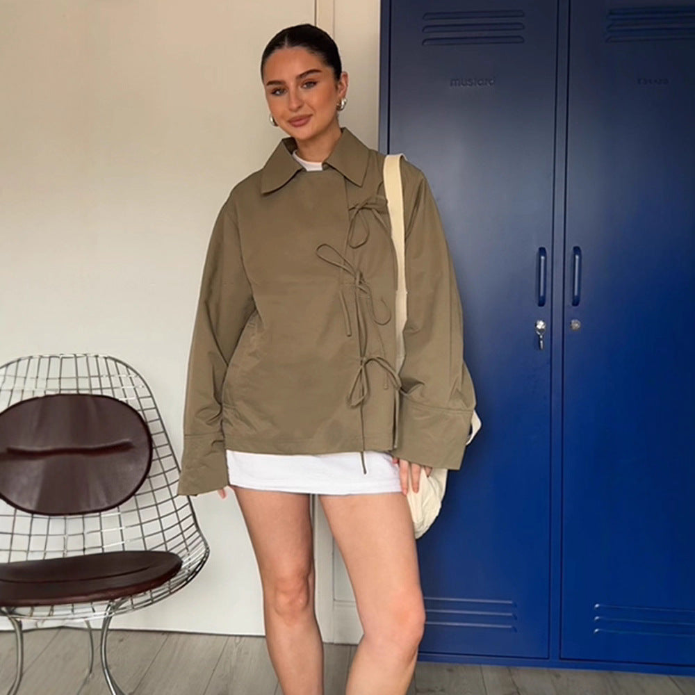 Damen Oversize-Hemdjacke mit dekorativen Knotenschließen und Hemdkragen Shop Nory