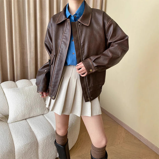 Damen Oversize-Lederimitatjacke mit Hemdkragen und Reißverschluss Shop Nory