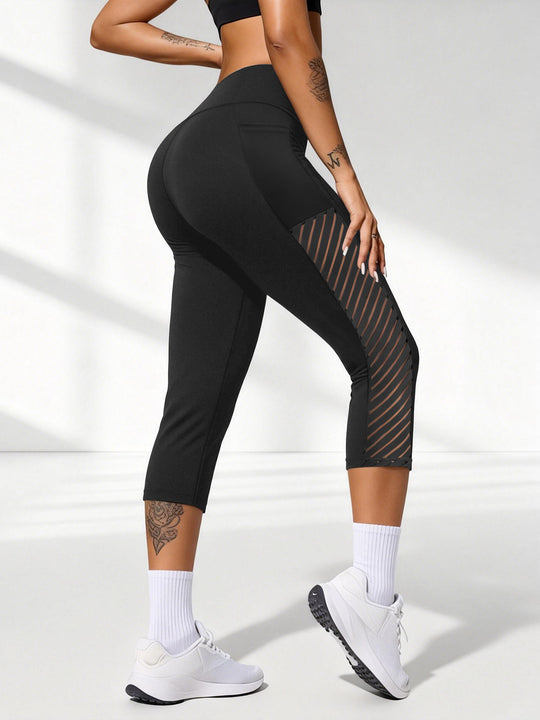 Damen Formende dreiviertel-Sportleggings mit hohem Bund, seitlichem Mesh-Einsatz und Handytasche Shopy Nory