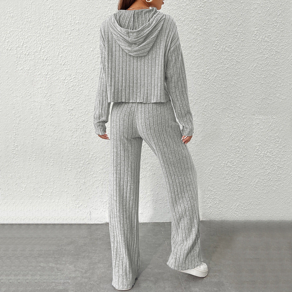 Damen geripptes Lounge-Set mit Kapuzenpullover und weiter Highwaist-Hose Shop Nory