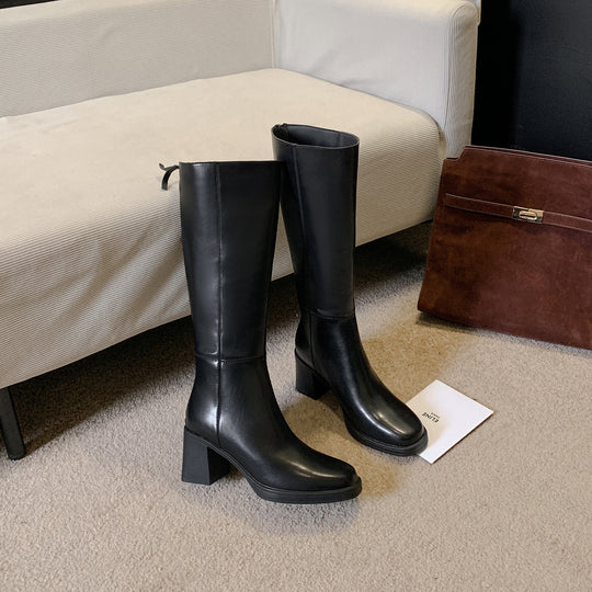 Damen Kniehohe Glattleder-Stiefel mit skulpturalem Blockabsatz und Rückenreißverschluss Shop Nory