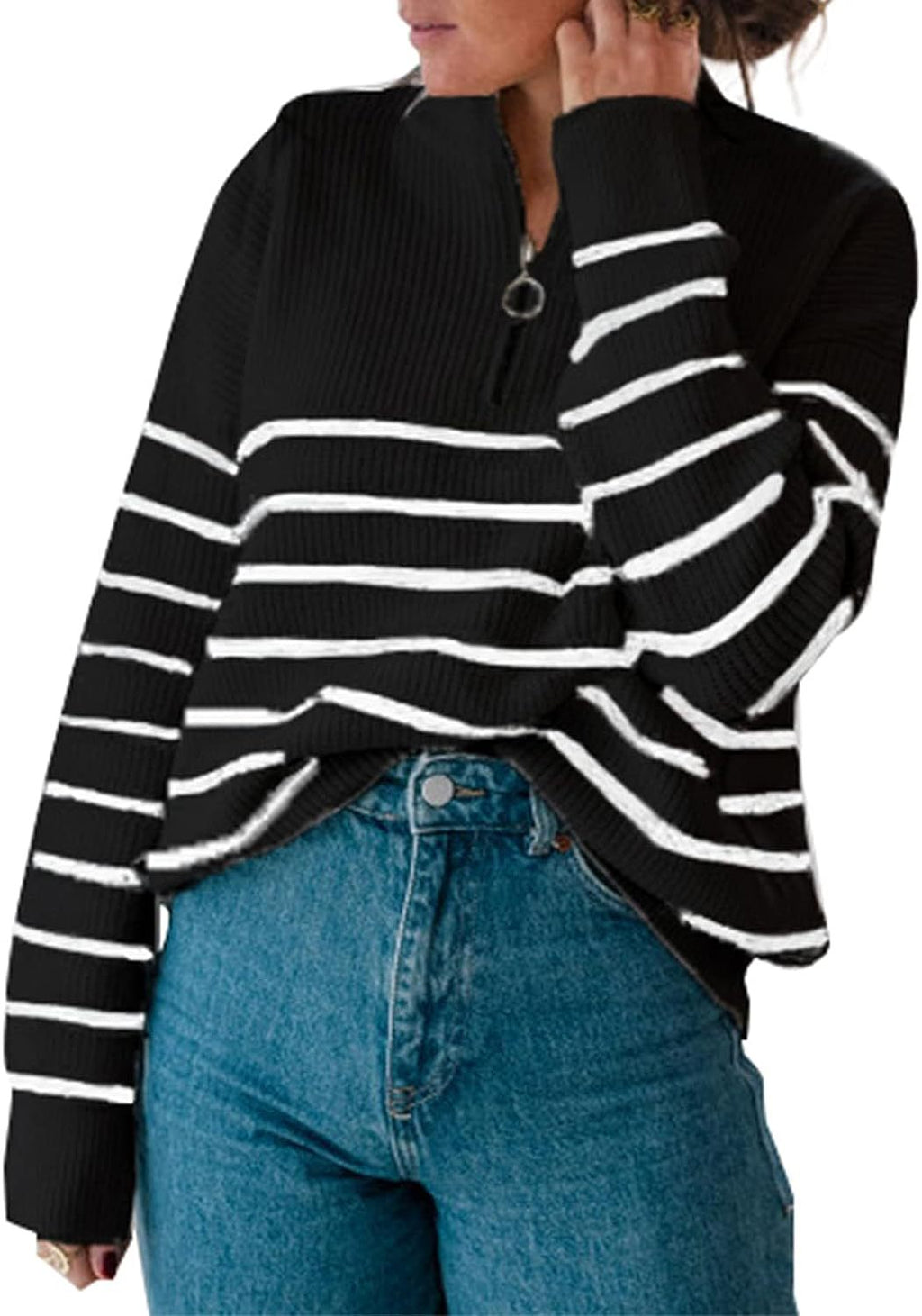 Damen lässiger Pullover mit kurzem Reißverschluss und Streifenmuster