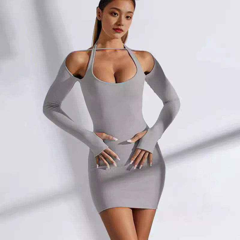 Damen Figurbetontes Minikleid mit Schulter-Cutouts, langen Ärmeln und Daumenöffnungen Shop Nory