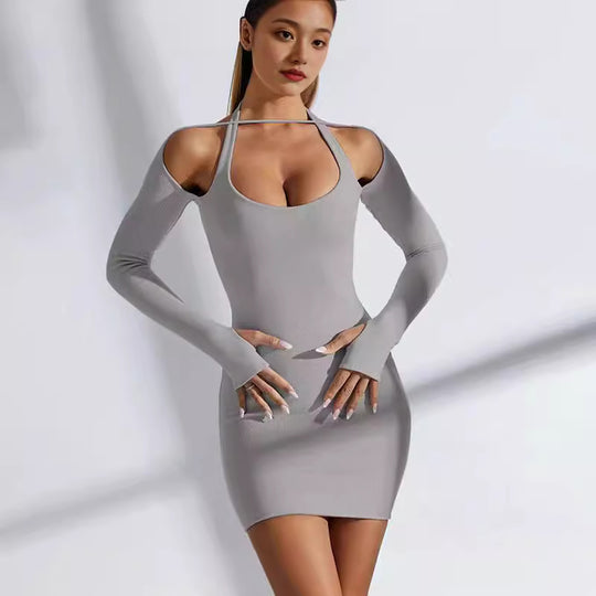 Damen Figurbetontes Minikleid mit Schulter-Cutouts, langen Ärmeln und Daumenöffnungen Shop Nory