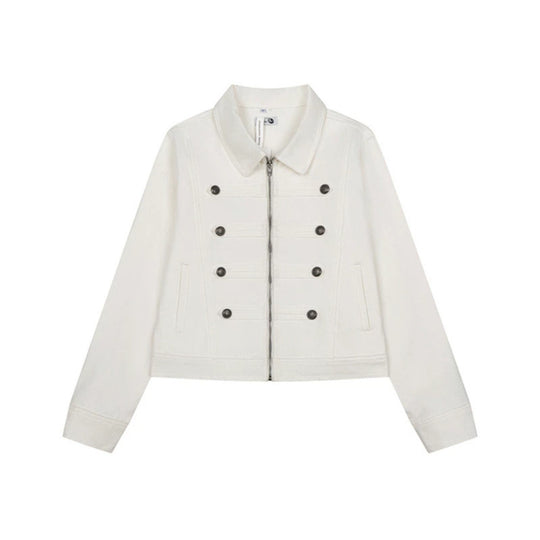 Damen kurze Jeansjacke im Military‑Stil mit Doppelreihen‑Knöpfen Shop Nory