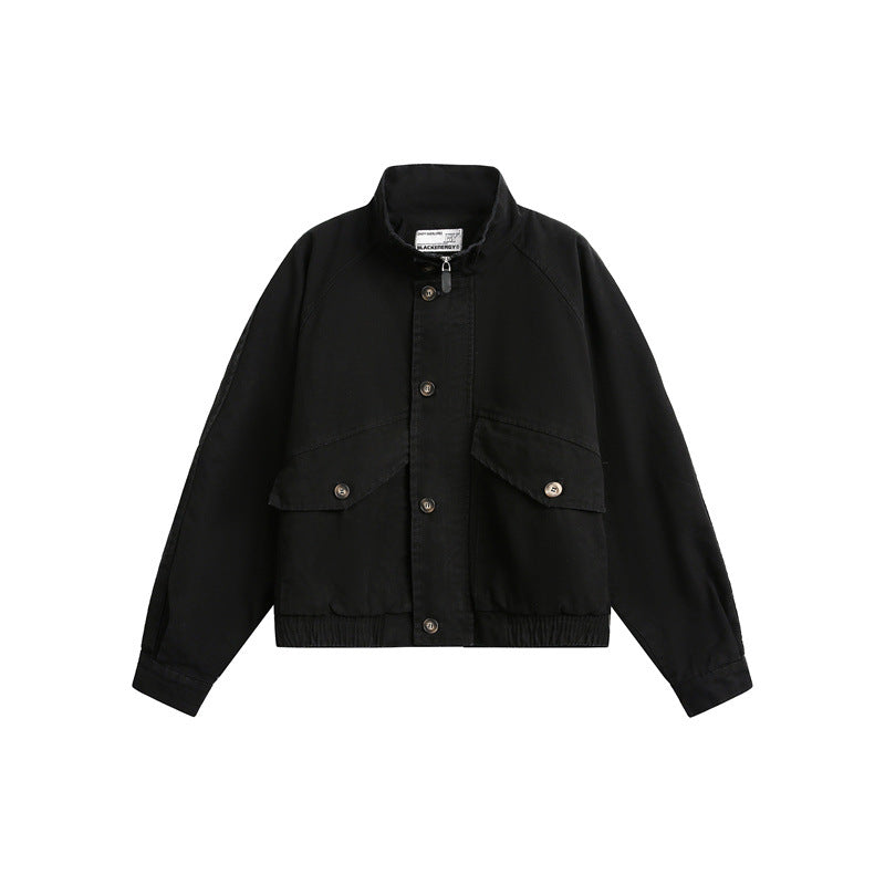 Unisex Kurz geschnittener Boxy-Canvas-Blousonjacke mit Funnelkragen, Aufgesetzten Klappentaschen und Elastischem Saum Shop Nory