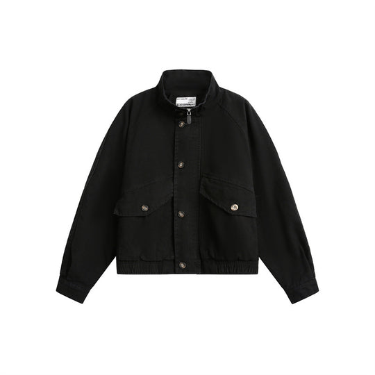 Unisex Kurz geschnittener Boxy-Canvas-Blousonjacke mit Funnelkragen, Aufgesetzten Klappentaschen und Elastischem Saum Shop Nory