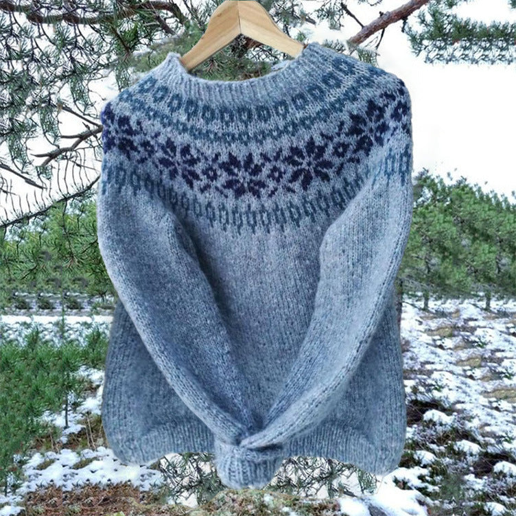 Damen nan melierter Rundhalsausschnittpullover mit kreisförmigem Jacquard-Yoke und geripptem Saum Shop Nory