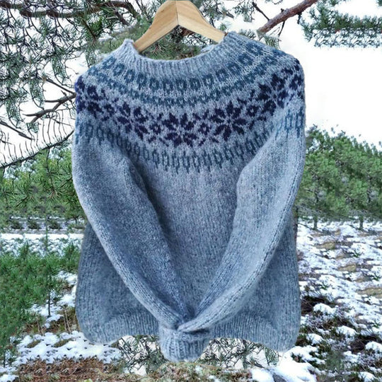 Damen nan melierter Rundhalsausschnittpullover mit kreisförmigem Jacquard-Yoke und geripptem Saum Shop Nory