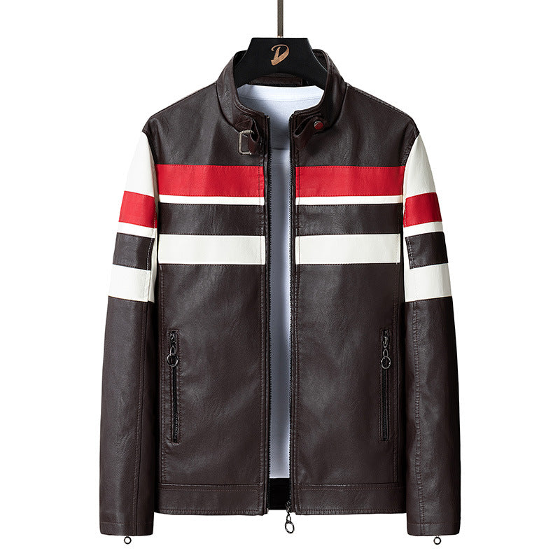 Herren Biker-Lederjacke im Racing-Look mit Kontraststreifen und Stehkragen Shop Nory