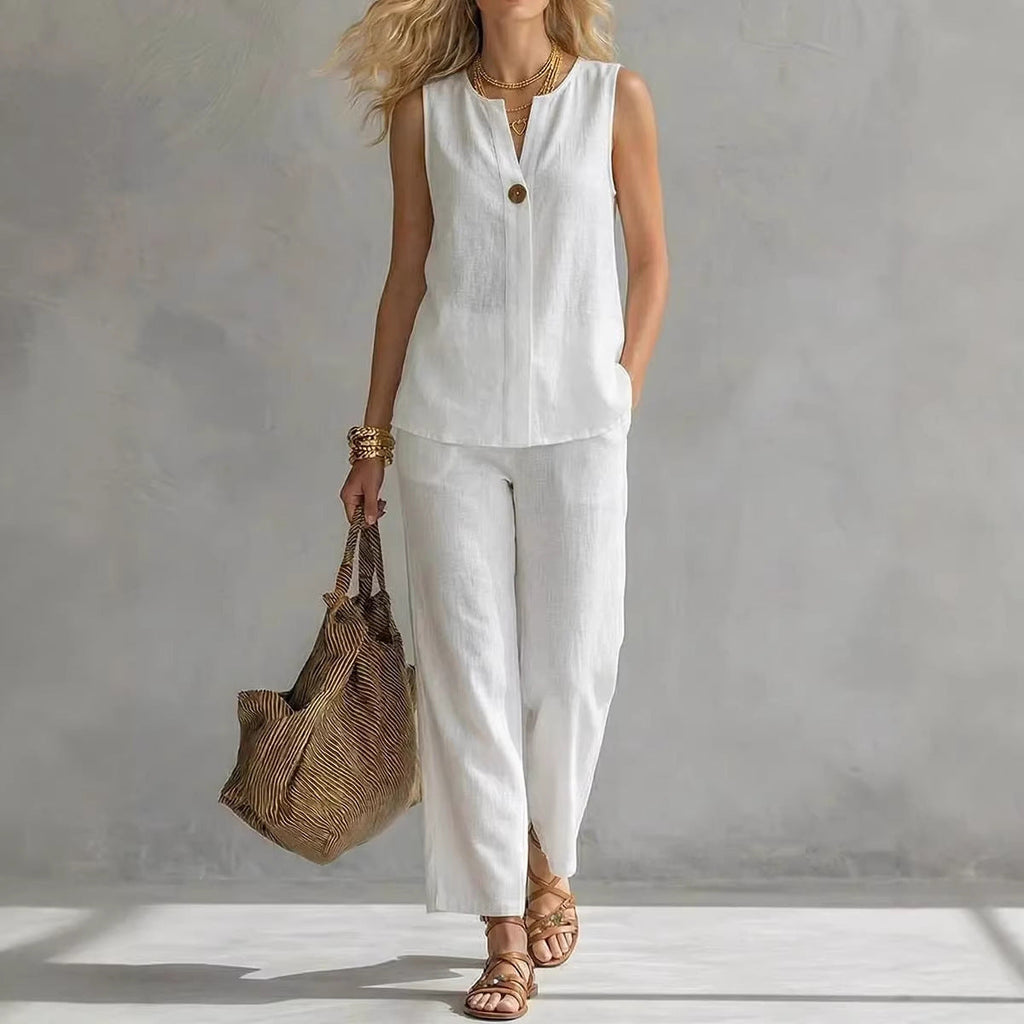 Damen Lässiges zweiteiliges Set mit ärmelloser Bluse und modischen Hosen Shopnory