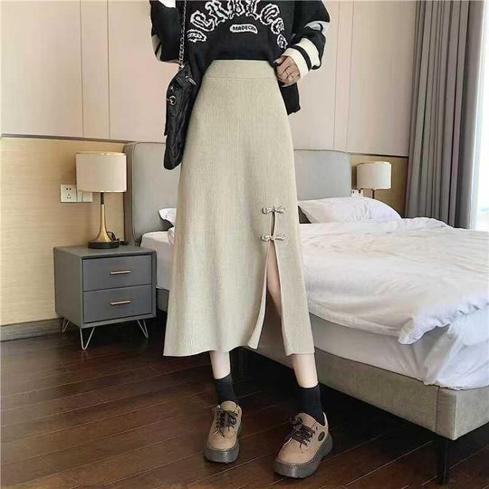 Damen Eleganter Strickrock mit Schlitz und Schleifendetails Shop Nory