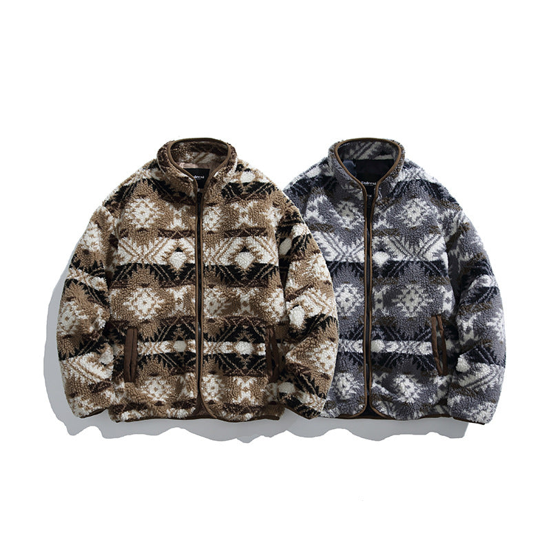Unisex Teddy-Fleecejacke im Aztekenmuster mit Stehkragen und durchgehendem Reißverschluss Shop Nory