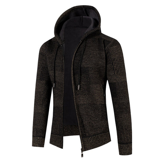 Herren Strukturierter Strick-Zip-Hoodie mit gefütterter Kapuze und grafischem Patchmuster Shop Nory