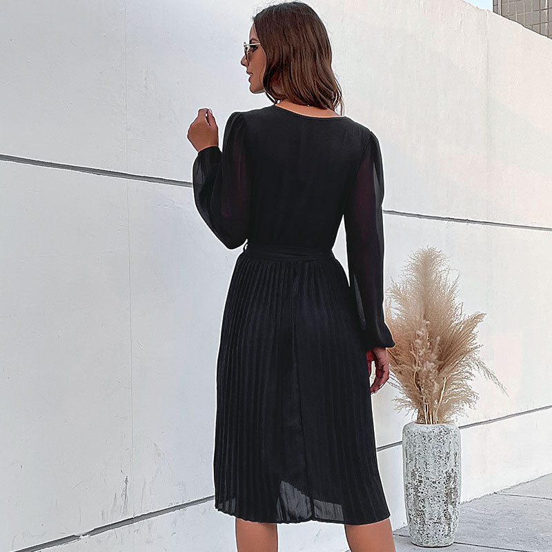 Damen Midikleid mit plissiertem Rock, V-Ausschnitt, transparenten Ärmeln und Taillengürtel Shop Nory